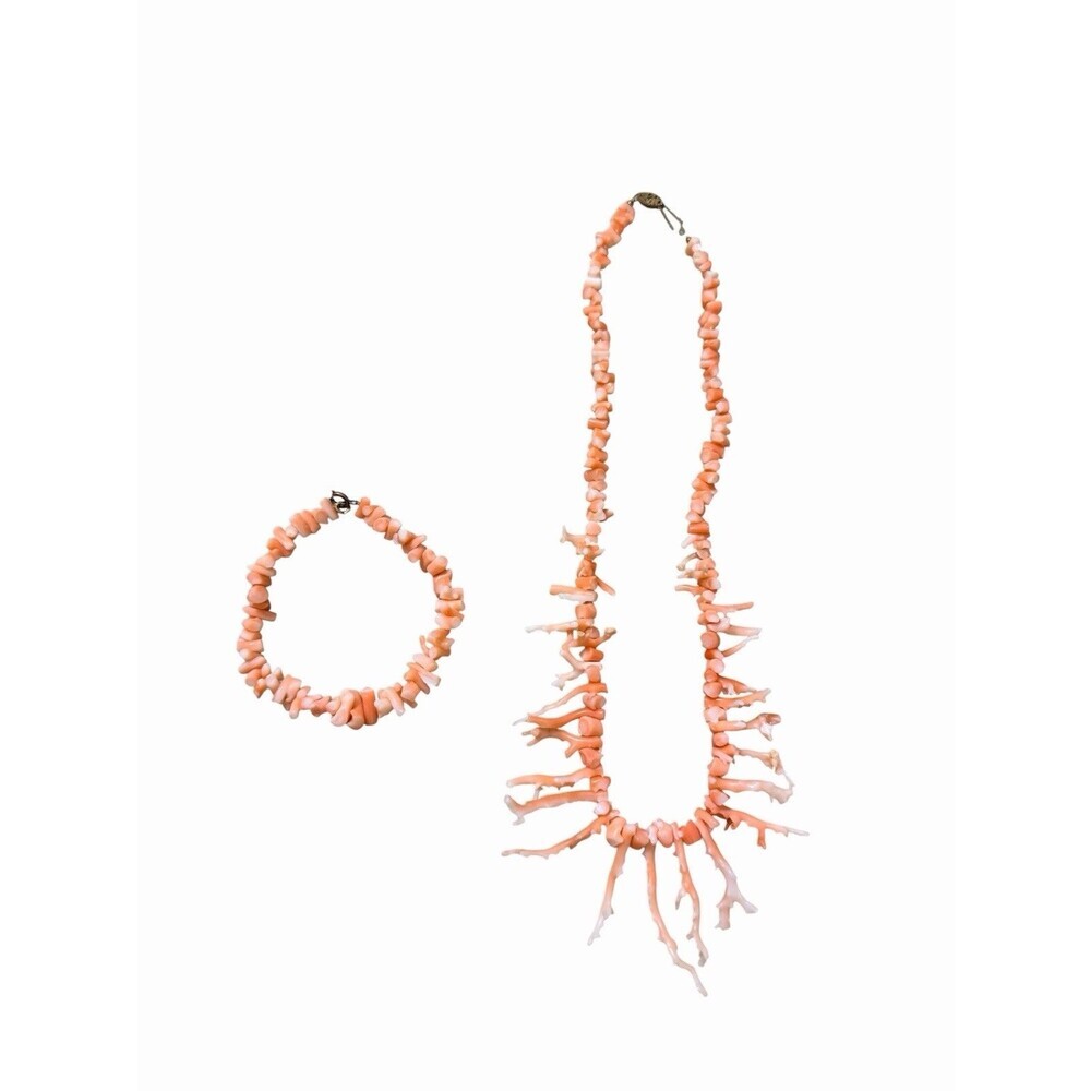 Vintage Branch Fringe Coral Pink Necklace and Bracelet Set Women’s 16”